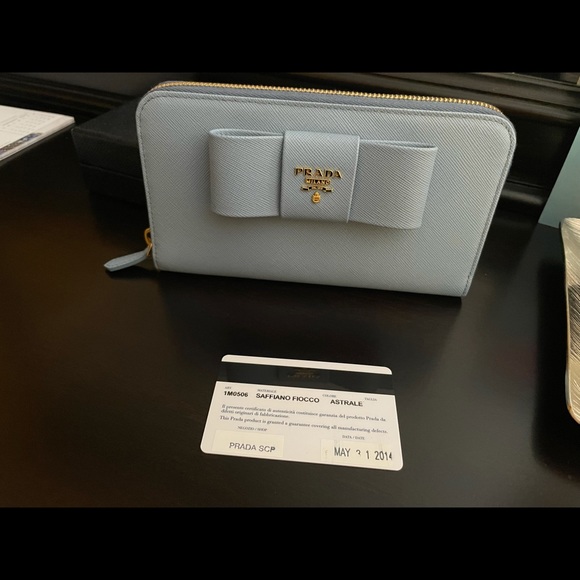 Prada Blue Saffiano Leather Bow Zip Wallet - Picture 5 of 5
